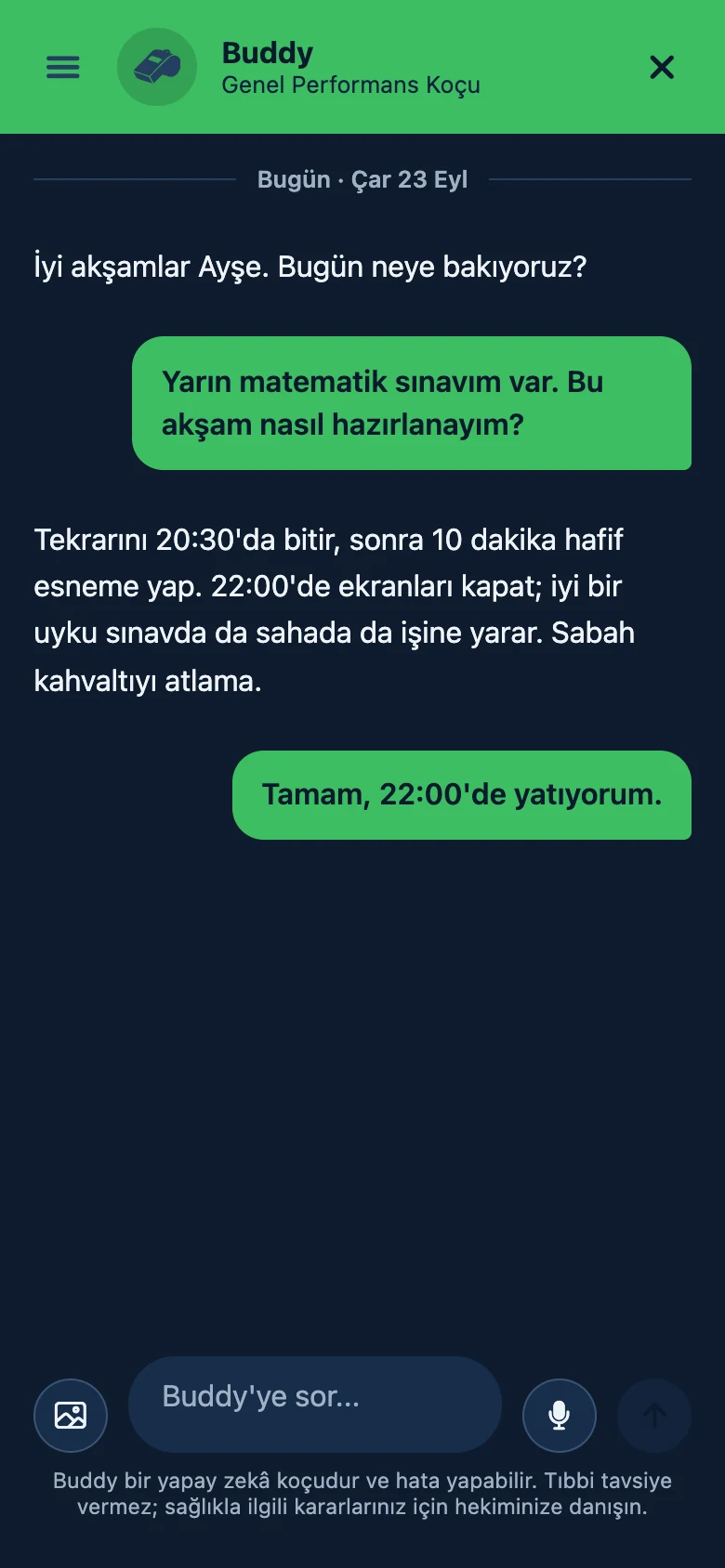 Bestplay uygulamasında koç Buddy'nin akşam Ayşe'ye sınav öncesi hazırlık önerdiği sohbet ekranı
