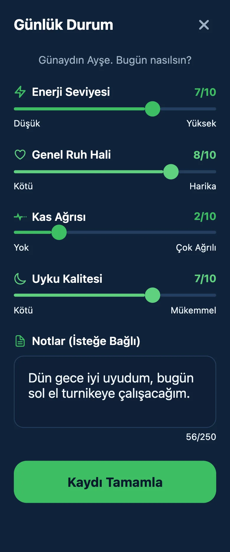 Uygulamada günlük durum ekranı: enerji, ruh hali, kas ağrısı ve uyku kaydırıcıları